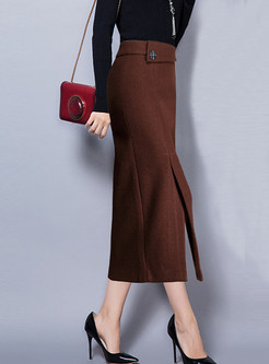 Fashion High Waist Solid Color Woolen Slit Maxi Skirt