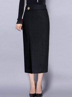 Fashion High Waist Solid Color Woolen Slit Maxi Skirt