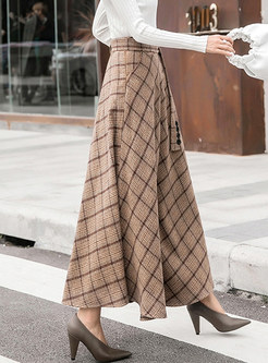 Fashion Plaid High Waist Tied Big Hem Woolen Skirt