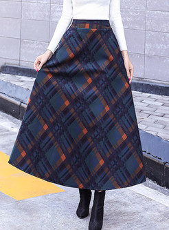 Color-blocked Plaid High Waist Woolen A Line Skirt