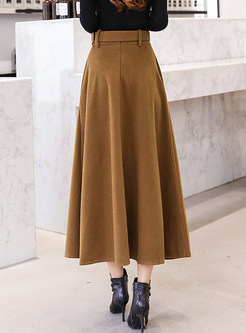 Brief Solid Color Big Hem Belted A Line Skirt