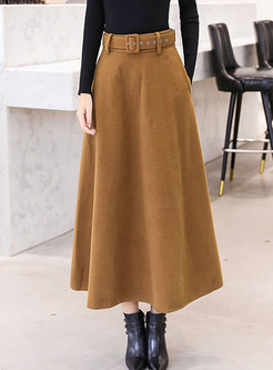 Brief Solid Color Big Hem Belted A Line Skirt