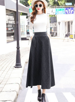 Stylish Houndstooth High Waist Big Hem Woolen Skirt