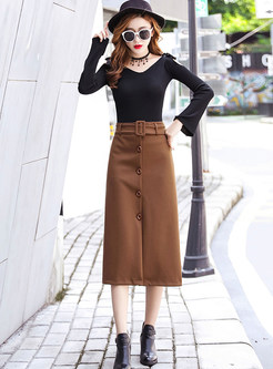 High Waist Slim Single-breasted Slit Skirt With Belt