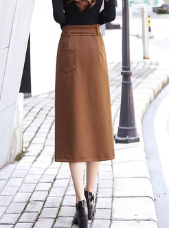 High Waist Slim Single-breasted Slit Skirt With Belt