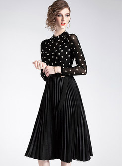 Stylish Polka Dot Splicing Stand Collar Belted Pleated Dress