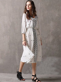 White V-neck Embroidered Waist Big Hem Dress