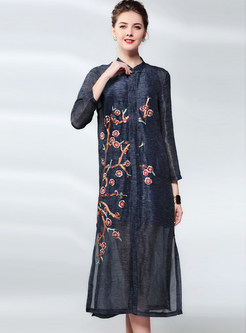 Retro Long Sleeve Embroidered Shift Dress With Sling