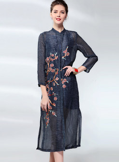 Retro Long Sleeve Embroidered Shift Dress With Sling