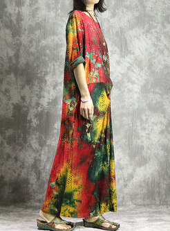Multi Color Print O-neck Slit Ankle-length Loose Dress