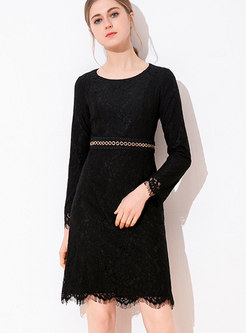Elegant Black Lace Splicing O-neck High Waist Slim Dress