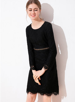 Elegant Black Lace Splicing O-neck High Waist Slim Dress