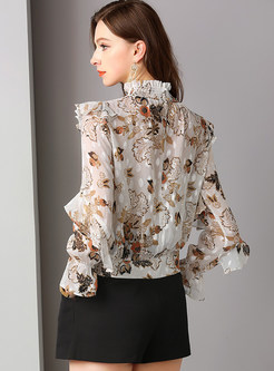 Stylish High Neck Long Sleeve Print Pullover Blouse