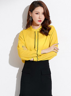 Elegant Color-blocked Stand Collar Single-breasted Blouse