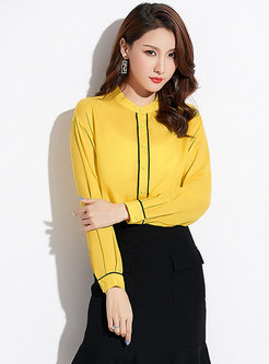 Elegant Color-blocked Stand Collar Single-breasted Blouse