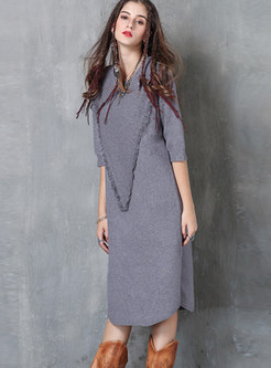 Brief O-neck Half Sleeve Slim Long Knitted Dress