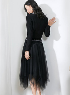 Color-blocked Off Shoulder Bat Sleeve Sweater & Gauze Asymmetric Skirt