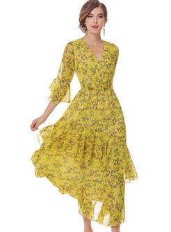 Casual Floral Print Asymmetrical V-neck Flare Sleeve Maxi Dress 