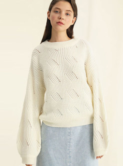 Casual White Lantern Sleeve Hollow Out Sweater