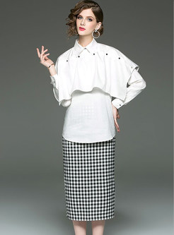 Trendy Lapel Patchwork Long Sleeve Blouse & Slim Plaid Skirt
