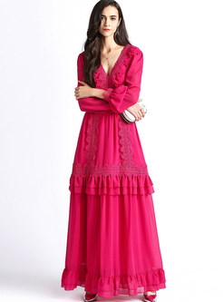 Solid Color V-neck Long Sleeve Waist Splicing Falbala Maxi Dress