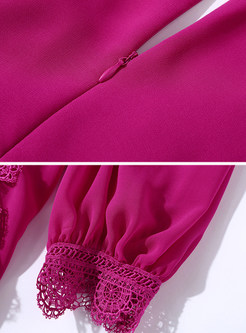 Solid Color V-neck Long Sleeve Waist Splicing Falbala Maxi Dress