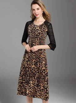 Trendy Leopard Splicing Lace Slim A Line Dress