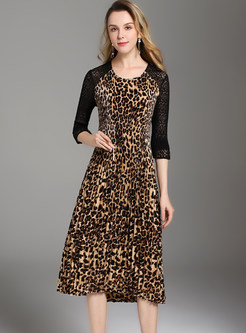 Trendy Leopard Splicing Lace Slim A Line Dress