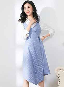 White Lapel Slim Blouse & Blue Striped V-neck Asymmetric Slip Dress