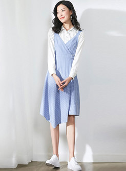 White Lapel Slim Blouse & Blue Striped V-neck Asymmetric Slip Dress