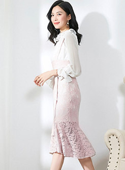 White Ruffled Collar Slim Blouse & Pink Lace Mermaid Slip Dress