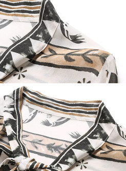 Print Flare Sleeve Tie-collar Silk Blouse