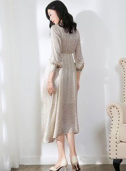 Stylish Print Scarf Collar High Waist Slim Asymmetric Dress