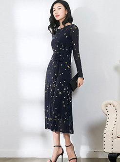 Elegant Stars Pattern O-neck Belted A Line Maxi Dress