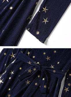 Elegant Stars Pattern O-neck Belted A Line Maxi Dress