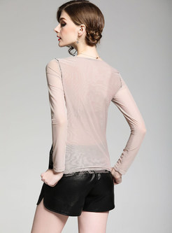 O-neck Long Sleeve Lace Splicing Slim Bottoming T-shirt