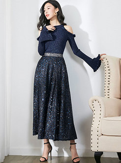 Chic Off Shoulder Flare Sleeve Knitted Top & High Waist A Line Skirt