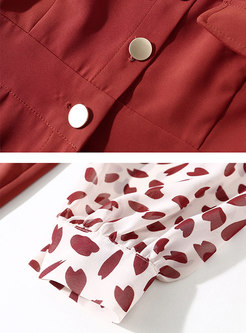 Print Tie-collar Slim Blouse & Brick Red Slit Bodycon Dress