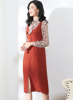 Print Tie-collar Slim Blouse & Brick Red Slit Bodycon Dress
