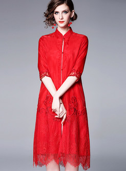 Red Vintage Mandarin Collar Single-breasted Dress
