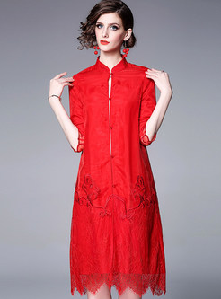 Red Vintage Mandarin Collar Single-breasted Dress