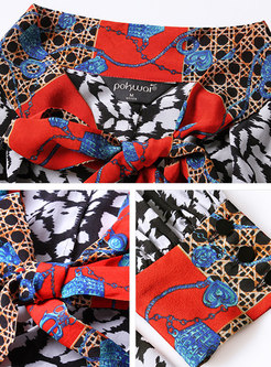 Color-blocked Print Tie-collar Silk Pullover Blouse