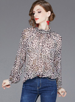 Standing Collar Beaded Leopard Print Chiffon Blouse