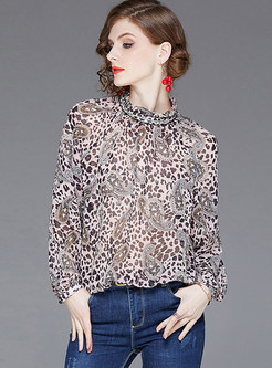 Standing Collar Beaded Leopard Print Chiffon Blouse