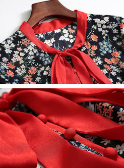 Floral Print Tie-collar Gathered Waist A Line Dress