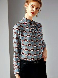 Elegant Print Stand Collar Bowknot Pullover Blouse
