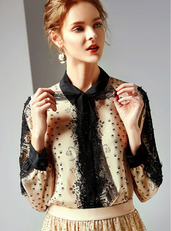 Lace Splicing Print Lapel Bowknot Single-breasted Blouse