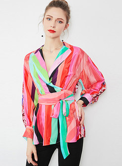 Fashion Notched Color-blocked Striped Tie-Waist Blouse