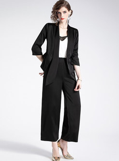 Elegant Turn Down Collar Asymmetric Slim Blazer & High Waist Wide Leg Pants