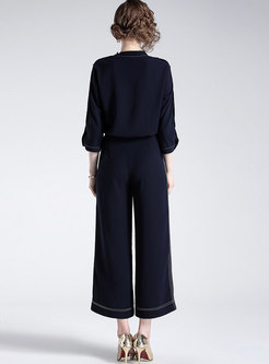 Stylish Stand Collar Rivet Top & Belted Wide Leg Pants